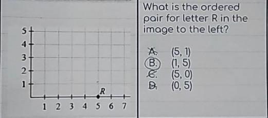 What is the ordered pair for letter R in the image to the left? A (5, 1) B.) (1,5) C-example-1