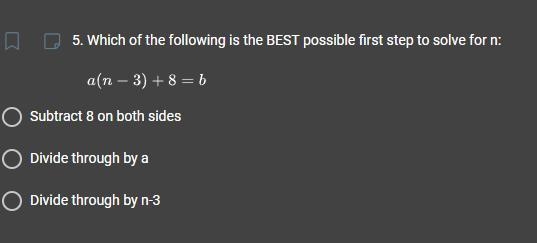 Which of the following is the BEST possible first step to solve for n:-example-1