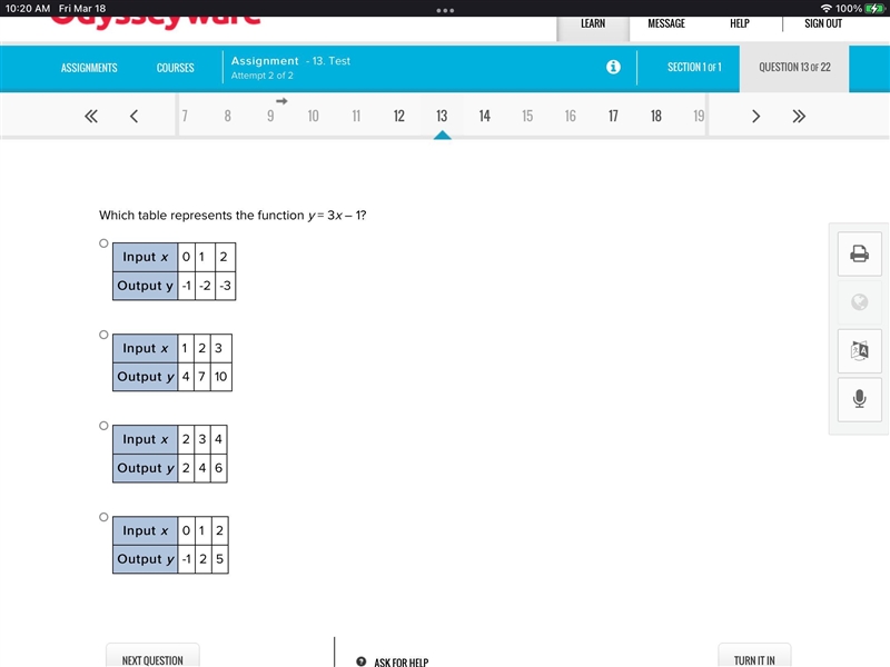 Which table represents the function y = 3x – 1?-example-1