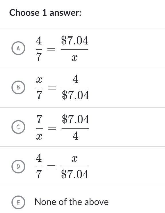 Four marker cost $7.04, which equation would determine the cost of 7 markers?​-example-1