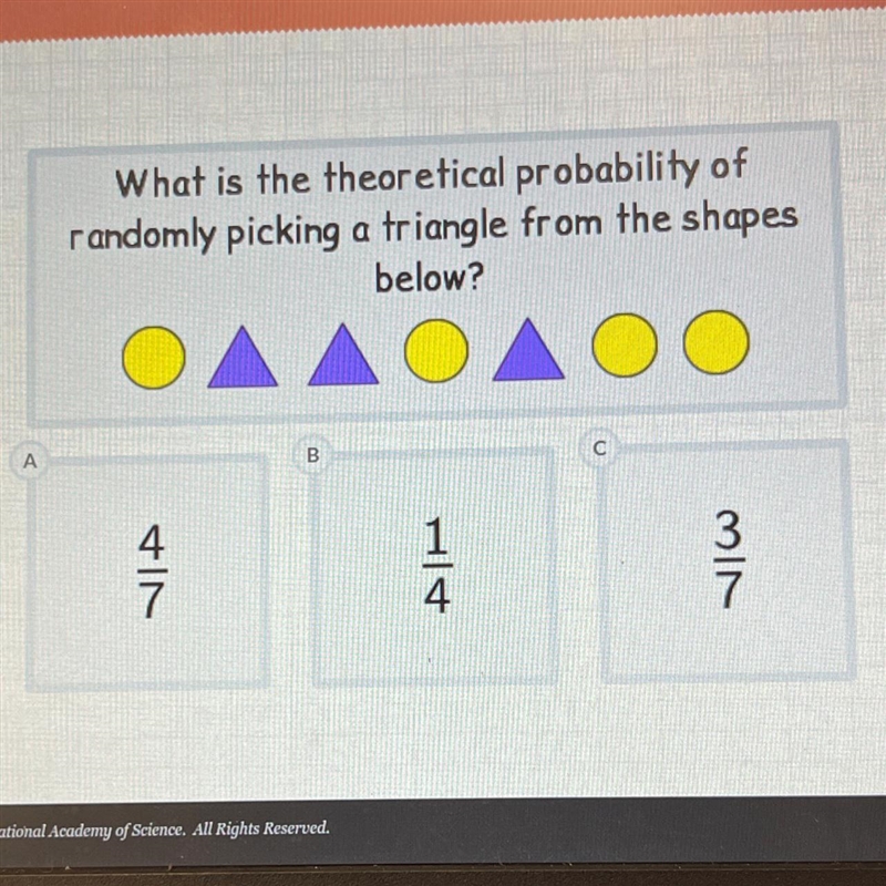 What is the theoretical probability of randomly picking a triangle from the shapes-example-1