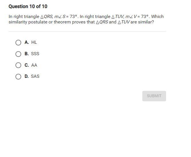 In right triangle QRS M < S = 73 degrees. In right triangle TUV, m < V = 73 degrees-example-1