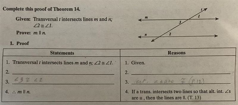 Geometry: complete this proof of theorem 14, ASAP! (Theorem 14: if a transversal intersects-example-1