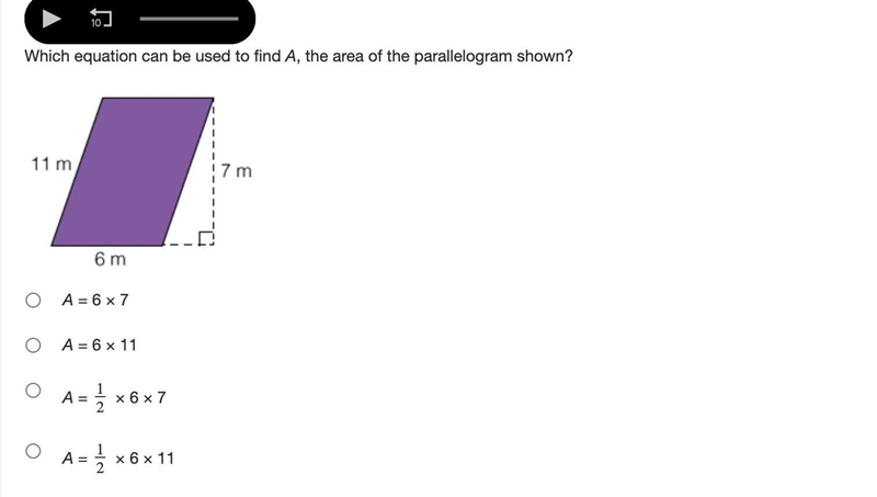 Which equation can be used to find A, the area of the parallelogram shown?-example-1