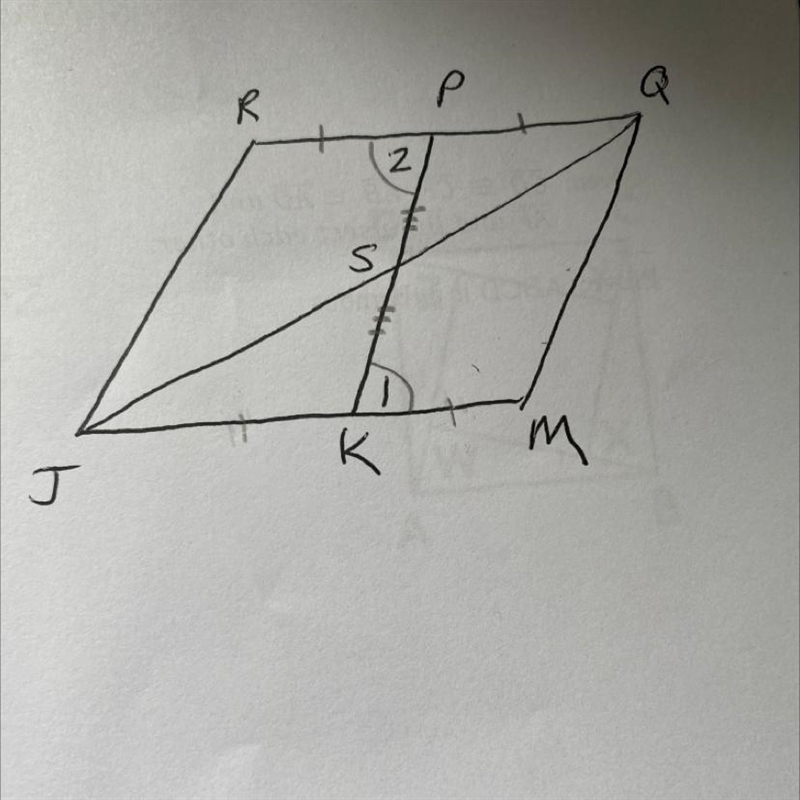 Given: P is the midpoint of segment PQ, K is the midpoint of segment JK, angle 1 is-example-1