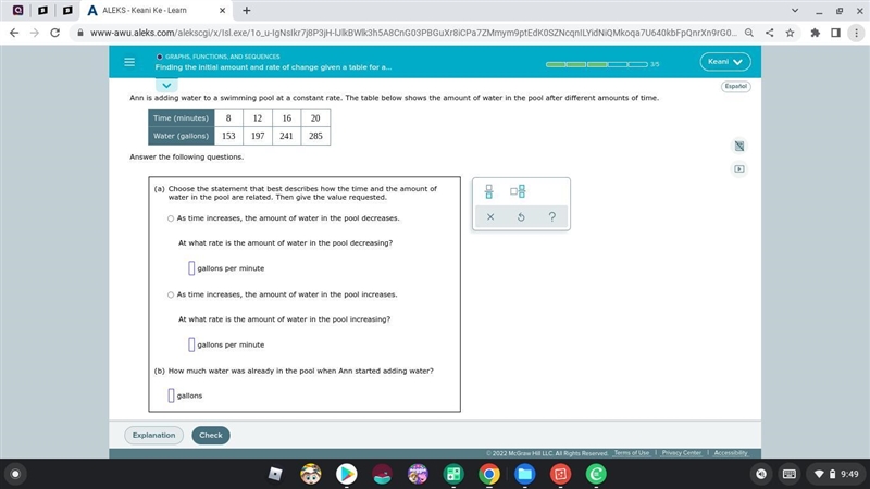 Ann is adding water to a swimming pool at a constant rate. The table below shows the-example-1