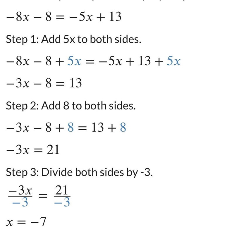 Solve for x. -8x-8=-5x+13-example-1