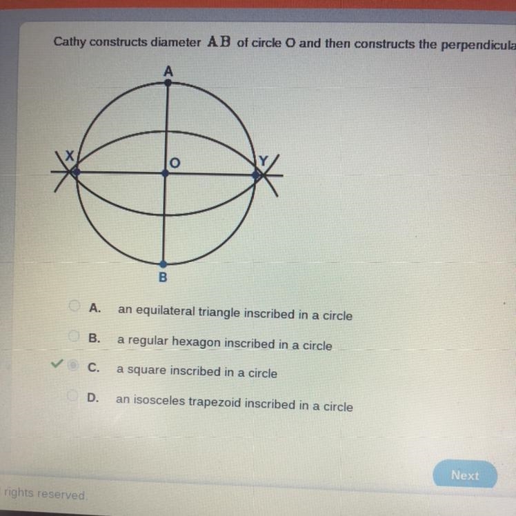 Cathy constructs diameter of circle O and then constructs the perpendicular bisector-example-1