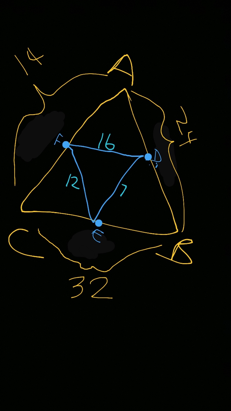 Midsegments DE= 7, EF=12 DF=16 if D, E, and F are midpoints of the sides of triangle-example-1