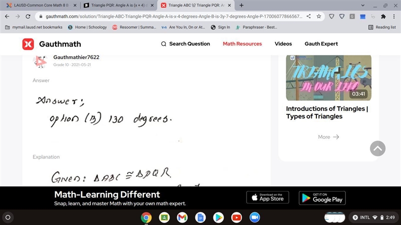 Triangle PQR: Angle A is (x + 4) degrees. Angle B is (3y + 7) degrees. Angle P is-example-1