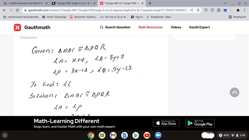 Triangle PQR: Angle A is (x + 4) degrees. Angle B is (3y + 7) degrees. Angle P is-example-2