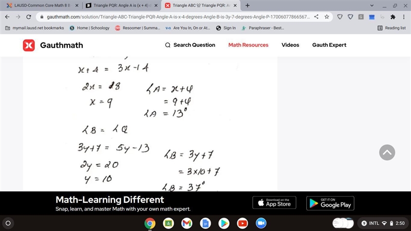 Triangle PQR: Angle A is (x + 4) degrees. Angle B is (3y + 7) degrees. Angle P is-example-3