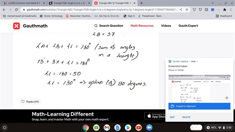 Triangle PQR: Angle A is (x + 4) degrees. Angle B is (3y + 7) degrees. Angle P is-example-4