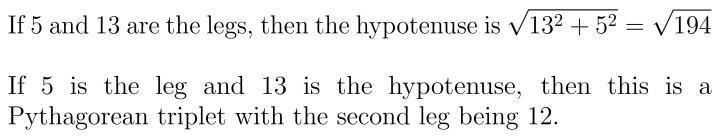 A triangle has two side lengths of 5 and 13. What value could the length of the third-example-1