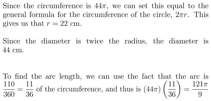 The circumference of a circle is 44π cm. find the diameter, the radius, and the length-example-1