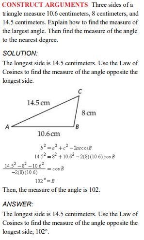 Use the figure below. Given a = 13, b = 10, and c = 15, use the Law of Cosines to-example-1