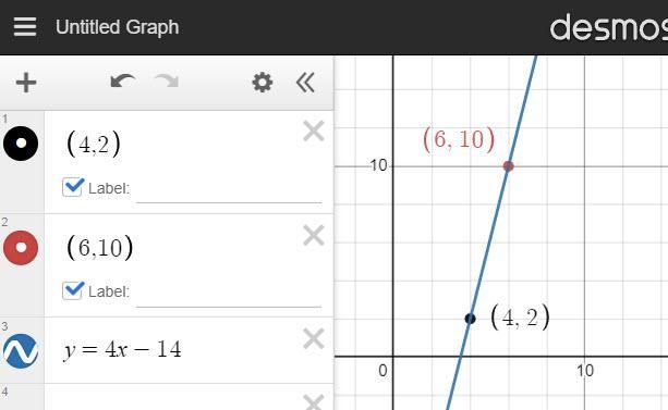 Find the equation of the line passing through the points (4, 2) and (6, 10). y=[?]x-example-1