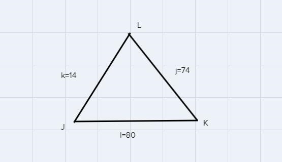 In AJKL, j = 74 cm, k = 14 cm and l=80 cm. Find the measure of ZJ to the nearestdegree-example-1