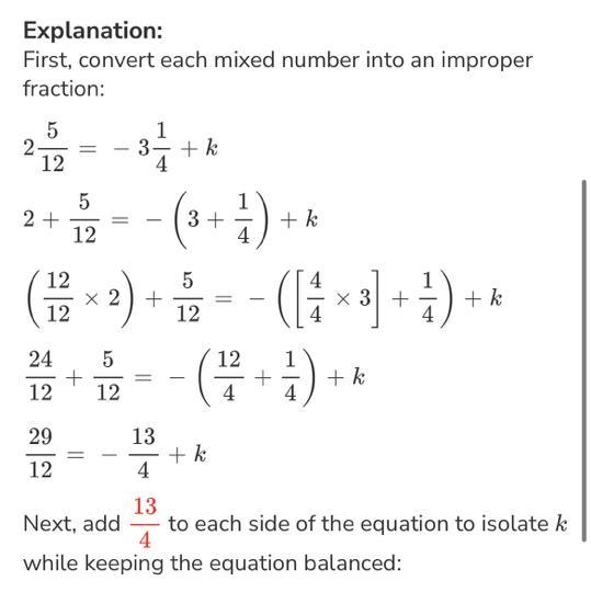 How do I solve this problem 2 5/12 = 3 1/4 + k-example-1