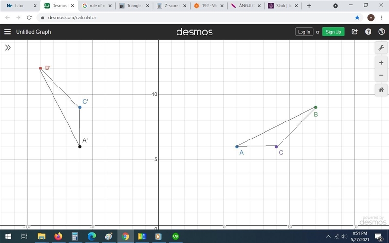 True coordinates of the vertices of triangle 1 are A(6,6),B(12,9),C(9,6).rotate triangle-example-1