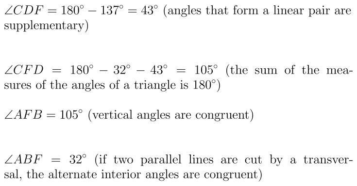 Lines AB and CD are parallel. Determine the measures of the three angles in the diagram-example-1