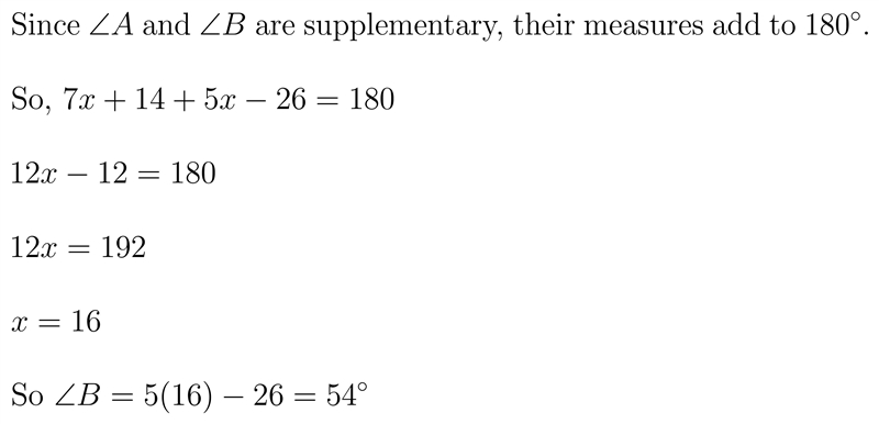 angle a and angle b are supplementary angles. if m angle a = (7x+14)° and m angle-example-1