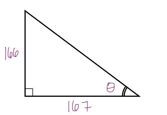 A tower that is 166 feet tall casts a shadow 167 feet long. Find the angle of elevation-example-1