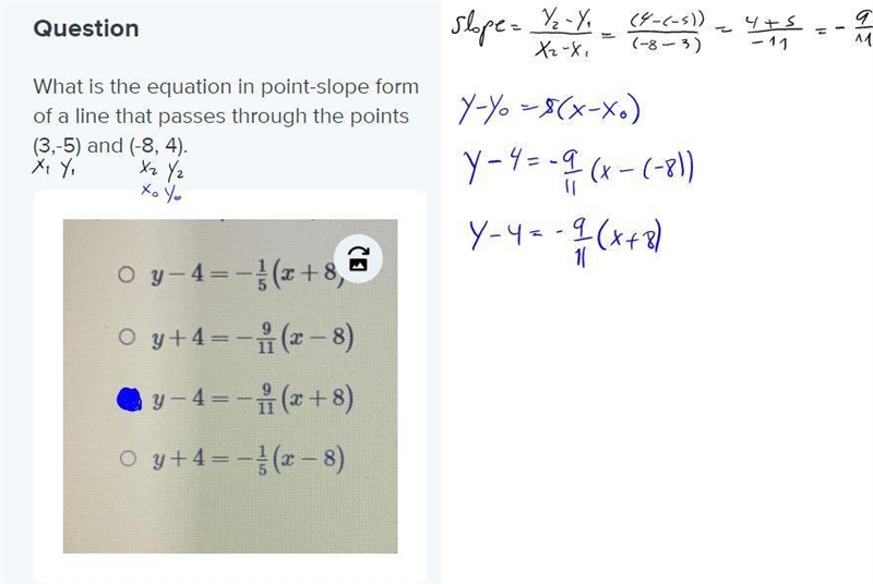 What is the equation in point-slope form of a line that passes through the points-example-1