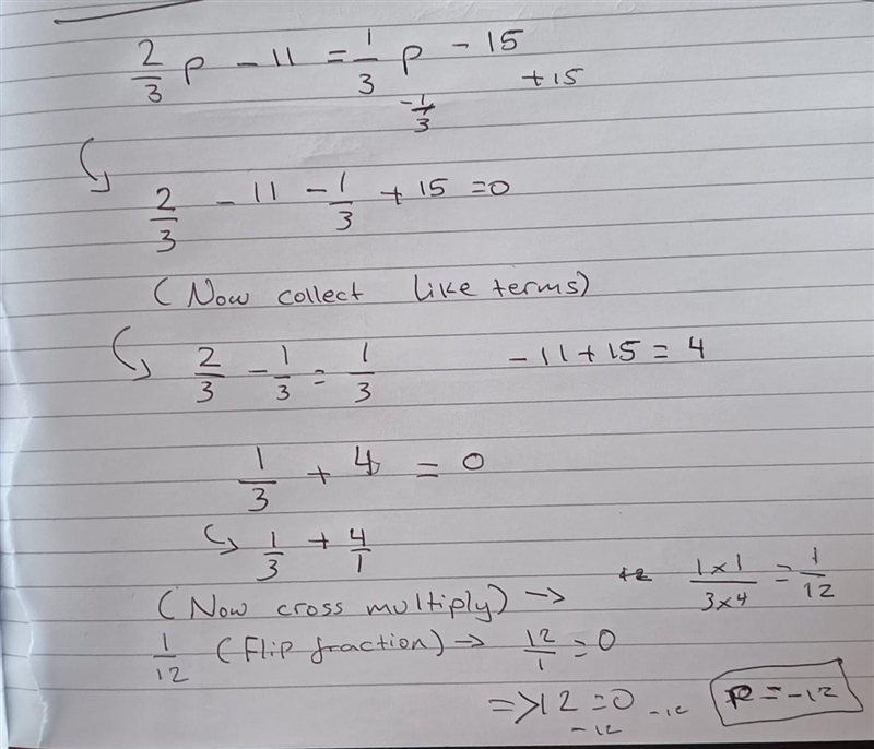 2/3p - 11 = 1/3p -15 p=_ ​-example-1