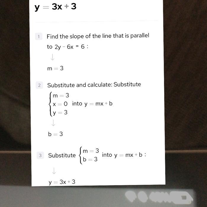 A linear equation of a line that is parallel to 2y-6x=6 and crosses through point-example-1