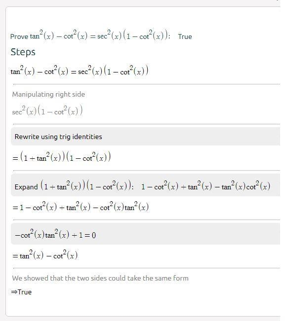 Prove that:tan²0-cot²0=sec²0(1-cot²0)-example-1