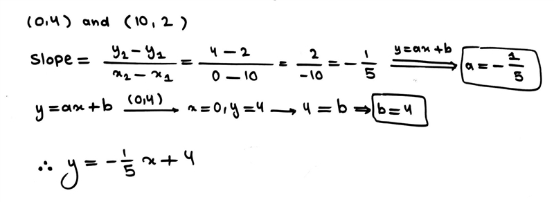 Find the equation of the line that goes through the points (0, 4) and (10, 2). y = -1/5 x-example-1