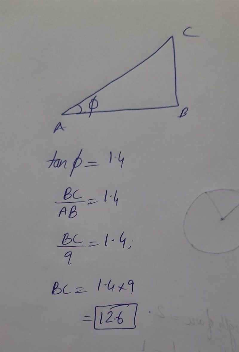 In a right triangle, angle φ has a tangent value 1.40. The side adjacent to angle-example-1