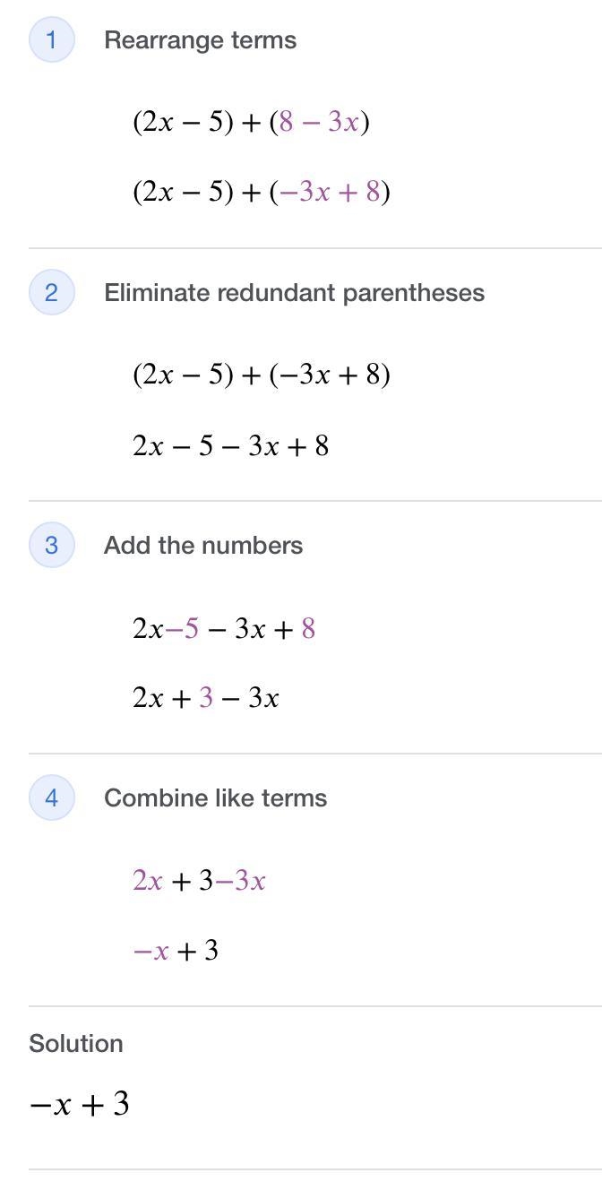 Simplify (2x-5)+(8-3x)-example-1