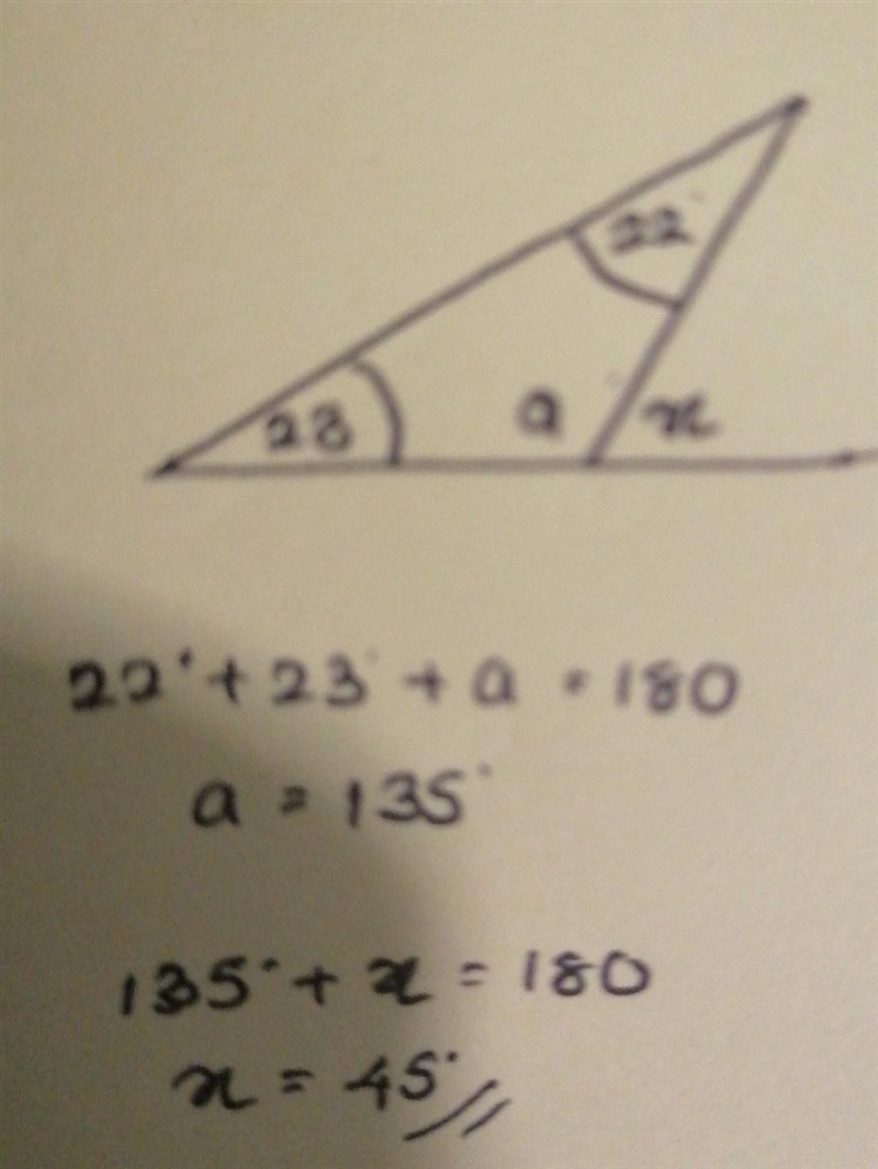 Find the value of the missing angle x. A. 45 degrees B. 90 degrees C. 135 degrees-example-1