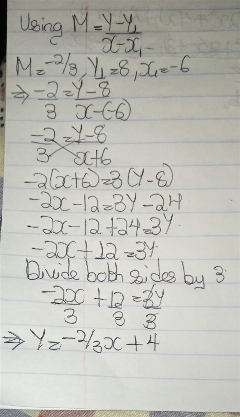 Write an equation for the line that has a slope of -2/3 and goes through the point-example-1