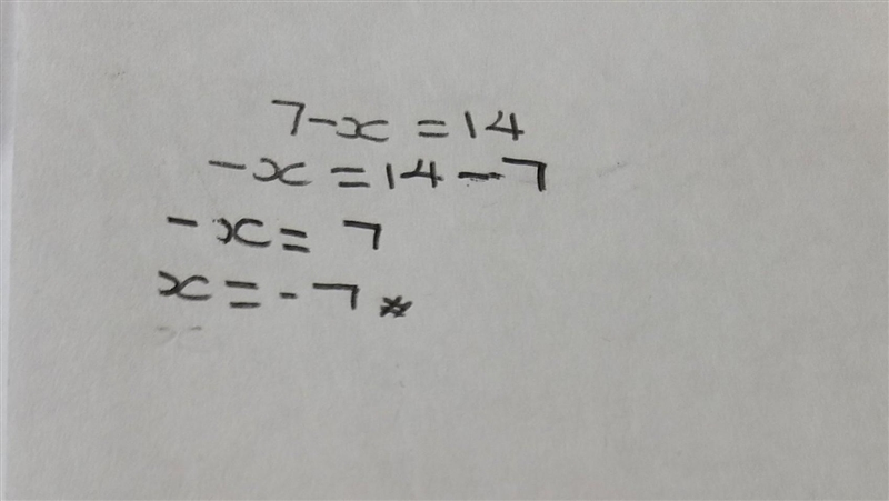 Solve 14 - 2x=28 using the replacement set {−21, −7, 7}-example-1