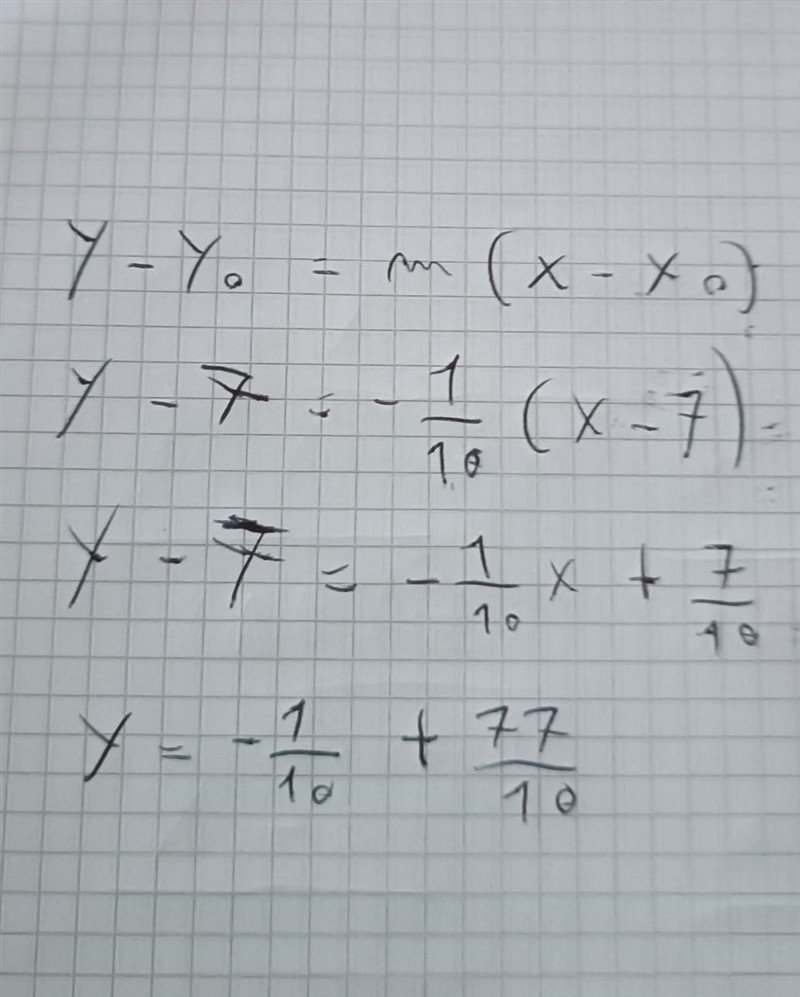 There is a line that includes the point (7, 7) and has a slope of -1/10. What is its-example-1