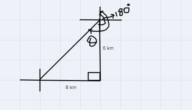 20. A ship travels 6km south, and then 8km west. Draw a diagram of the situation and-example-1