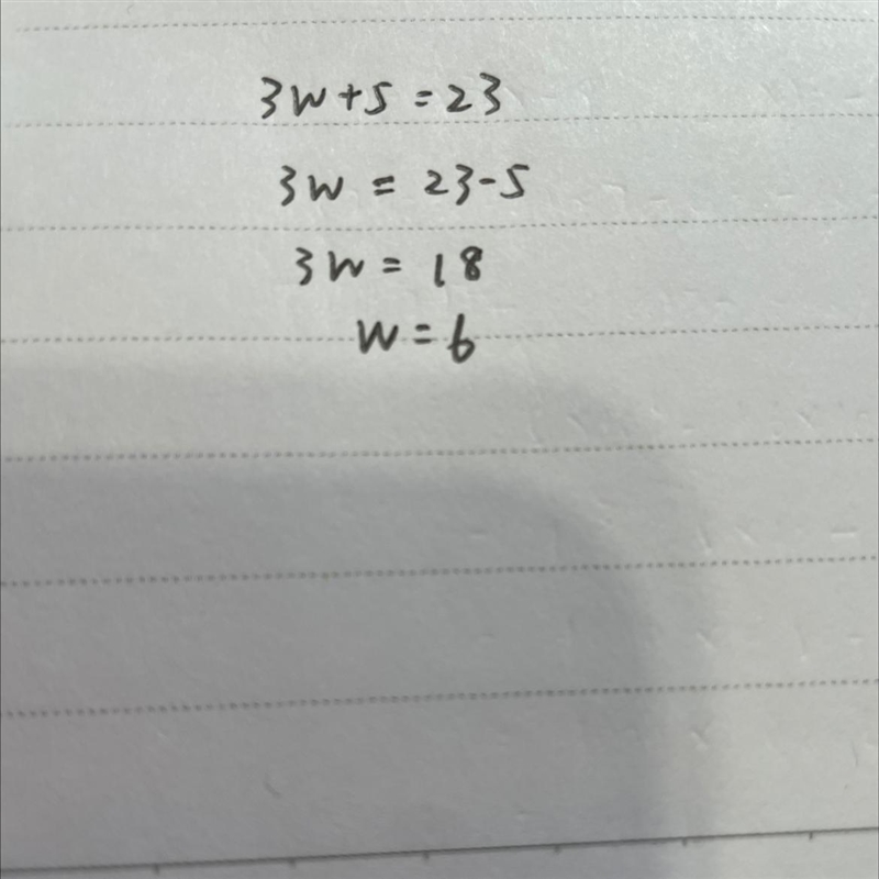 3w + 5 = 23 pls help I need to show work-example-1