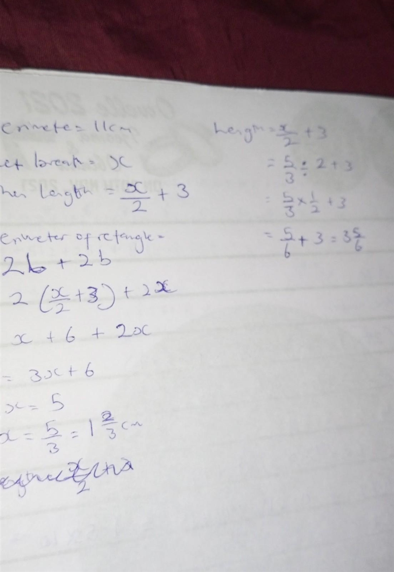 The perimeter of a rectangle is 11cm and the length is 3cm more than half the width-example-1