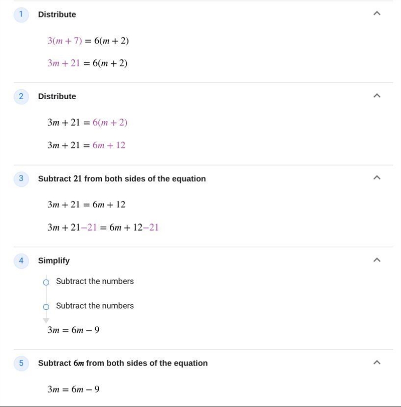 Help me asap!!! 3(m+7) = 6 (m+2)-example-2