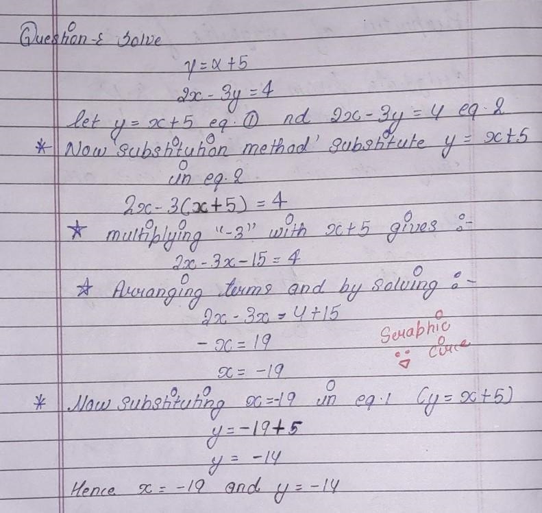 Solve y=x+5 and 2x-3y=4-example-1