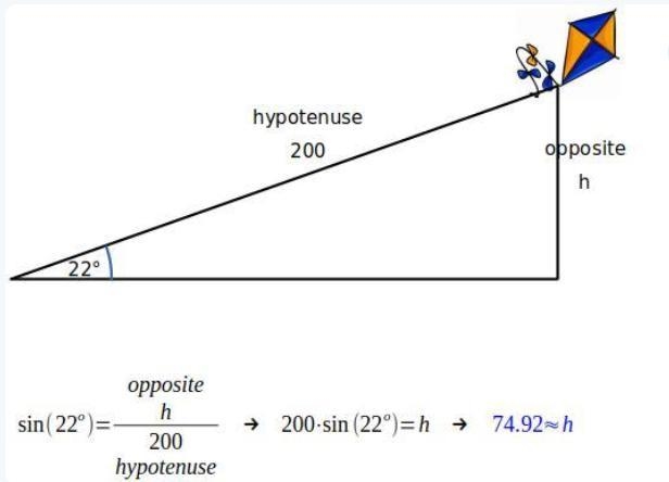 When a kite is flying, the string makes an angle of 22° with the horizontal, and the-example-1