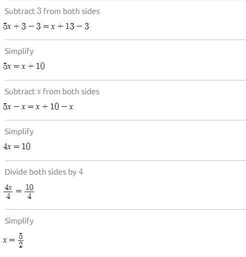 Simplify 1)5x+3=x+13 2)5/2x-1/X =1/6​-example-2