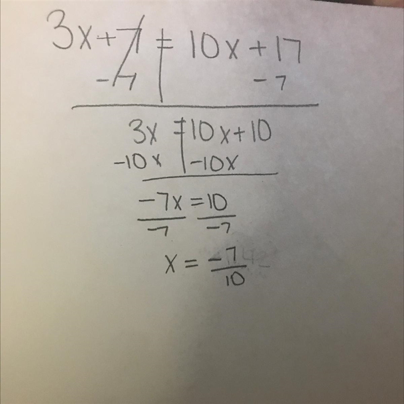 How do you solve 3x+7=10x+17-example-1