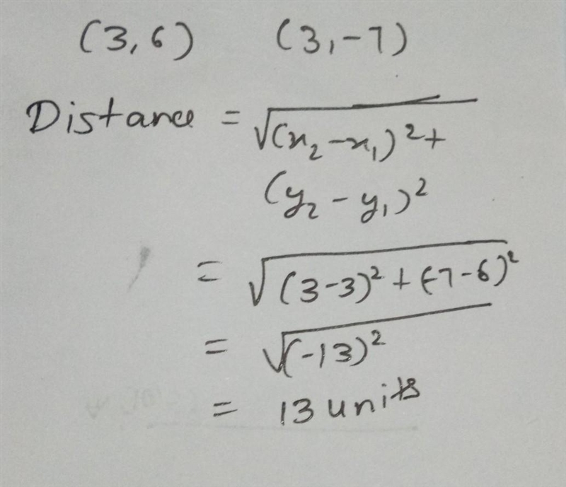 Find the distance between the points (3,6) and (3,-7). Distance:?-example-1