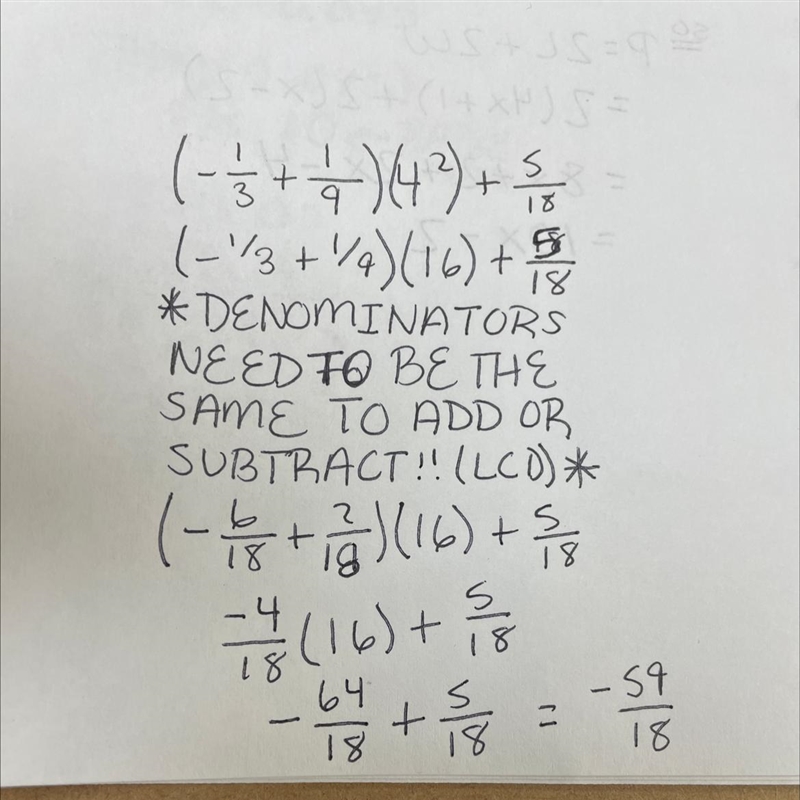 Simplify: (-1/3+1/9)x4^2+5/18 A.)-2/9 B.)32/9 C.)-59/18 D.)73/18-example-1