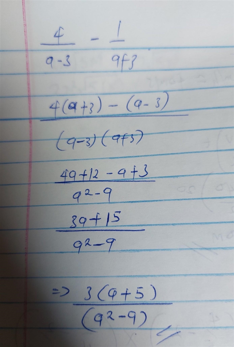 Simplify: (4)/(a - 3?) - (1)/(a + 3) Solve this urgent question quickly pls?​-example-1