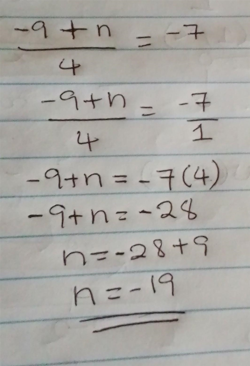 Two step equation -9+ n/4 = -7-example-1